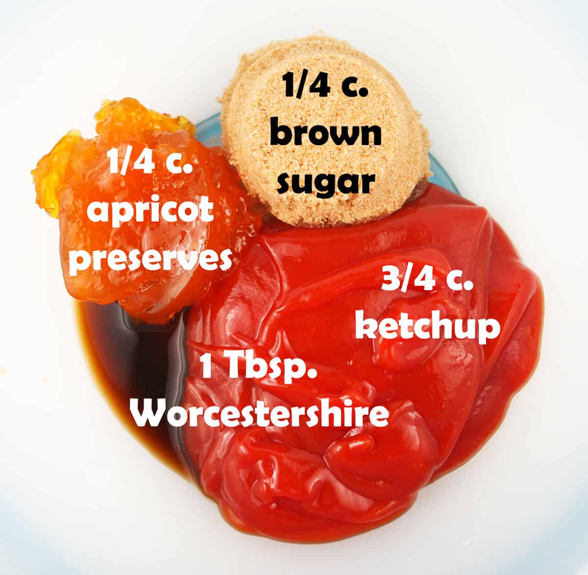 Sauce ingredients with text labels in a mixing bowl.