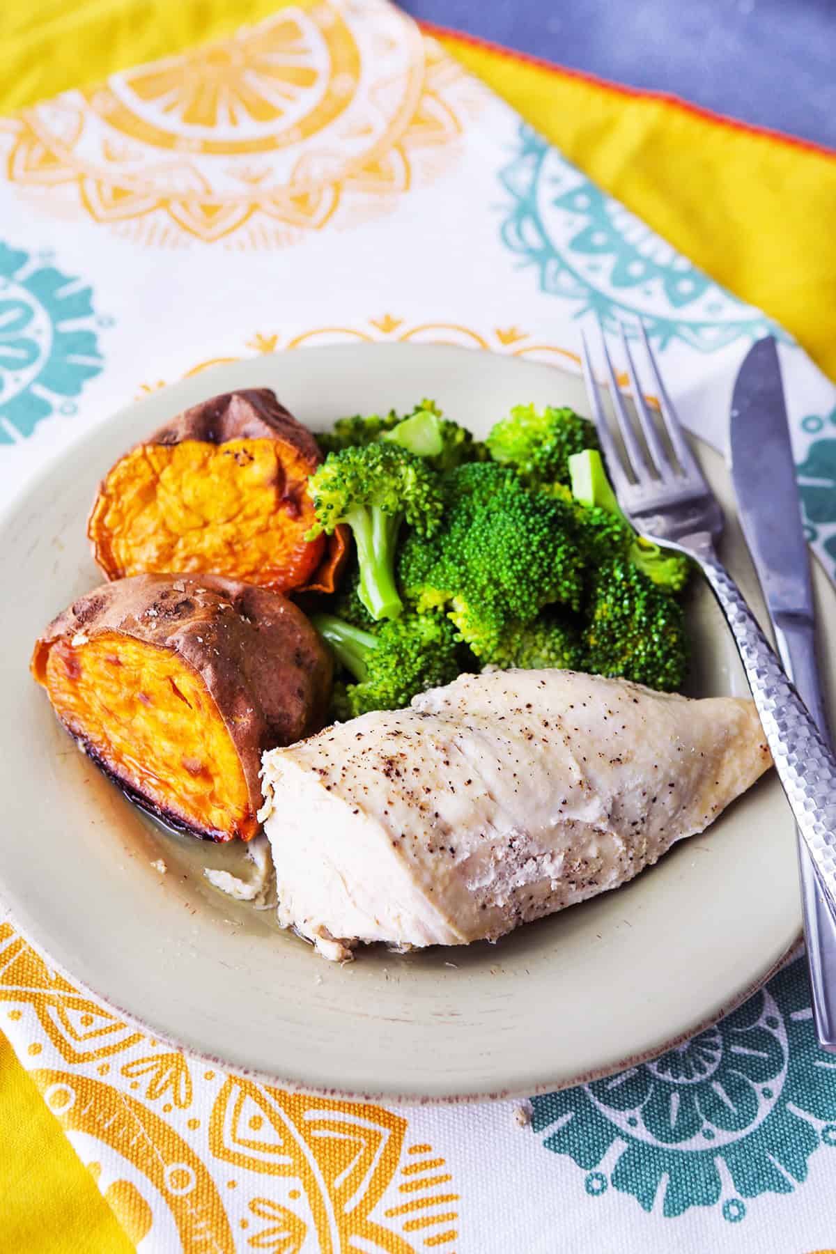 Looking down onto a plate with a perfectly cooked chicken breast (with bite removed), cooked broccoli and part of a sweet potato.
