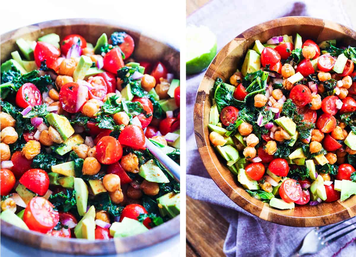 Two photos side by side, both with kale garbanzo salad in a wooden bowl.