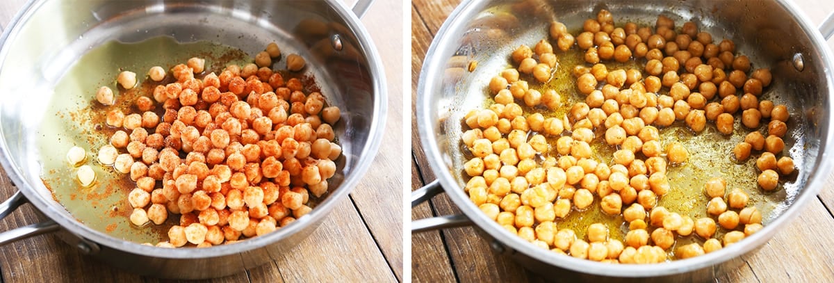 Two photos of chickpeas in a skillet, one with paprika and the other in oil.