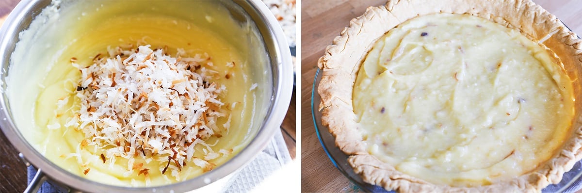 Photo of pie filling in a pan with toasted coconut, next to photo of filling after being poured into pie crust.