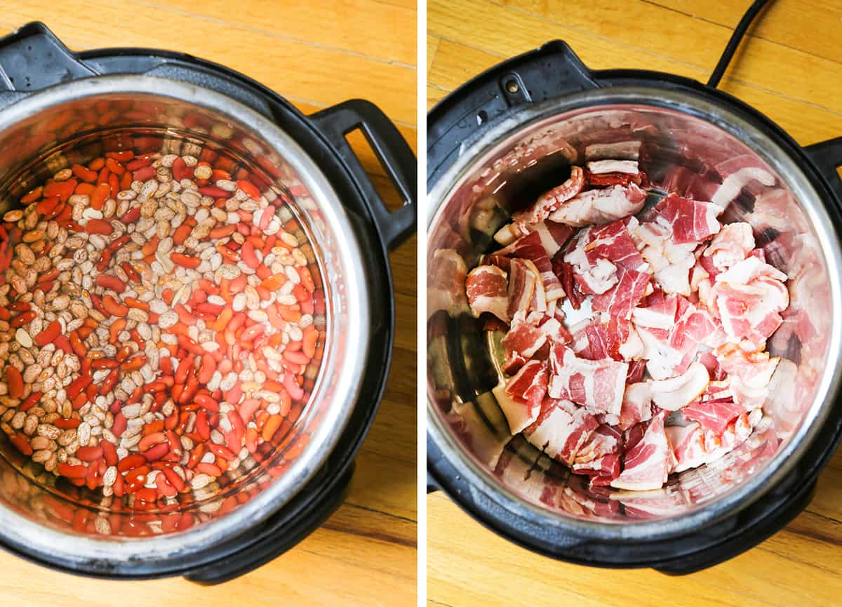 Instant Pot with beans in water, sitting next to a photo with bacon inside inner pot.