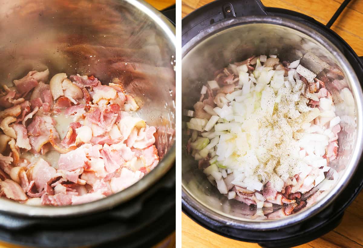 Bacon pieces inside Instant Pot, next to an image of onions on top of bacon.