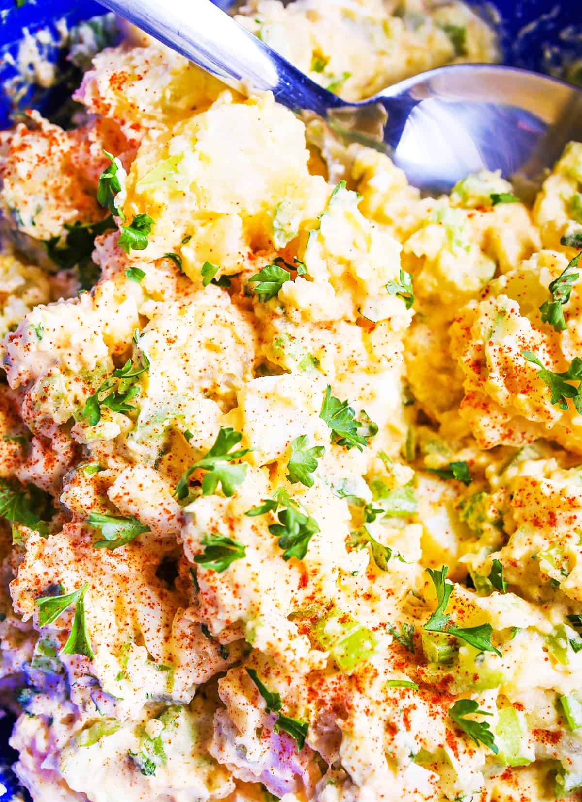 Close up of potato salad with celery bits and parsley.