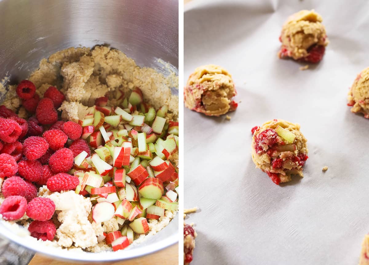 Batter in a mixing bowl with raspberries and rhubarb next to a photo of cookie batter on a baking sheet.