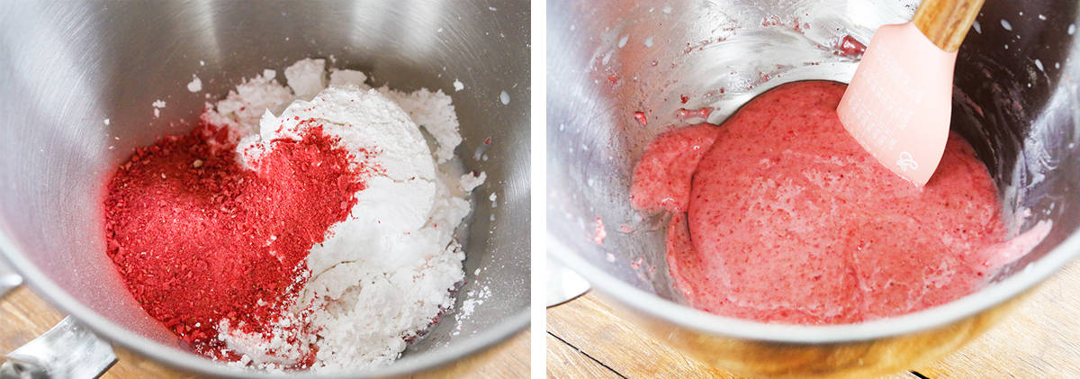 Left photo: Powdered sugar and freeze-dried strawberries. Right photo: Mixed glaze inside mixing bowl.