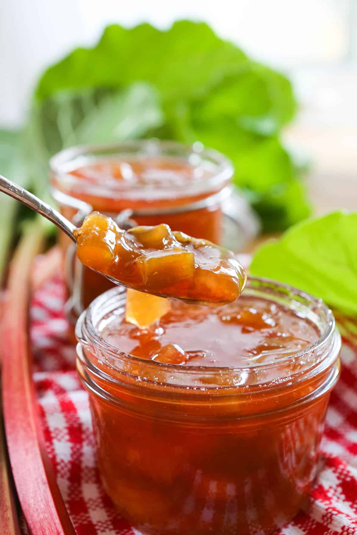 Spoon pulling rhubarb peach jam out of a mason jar.