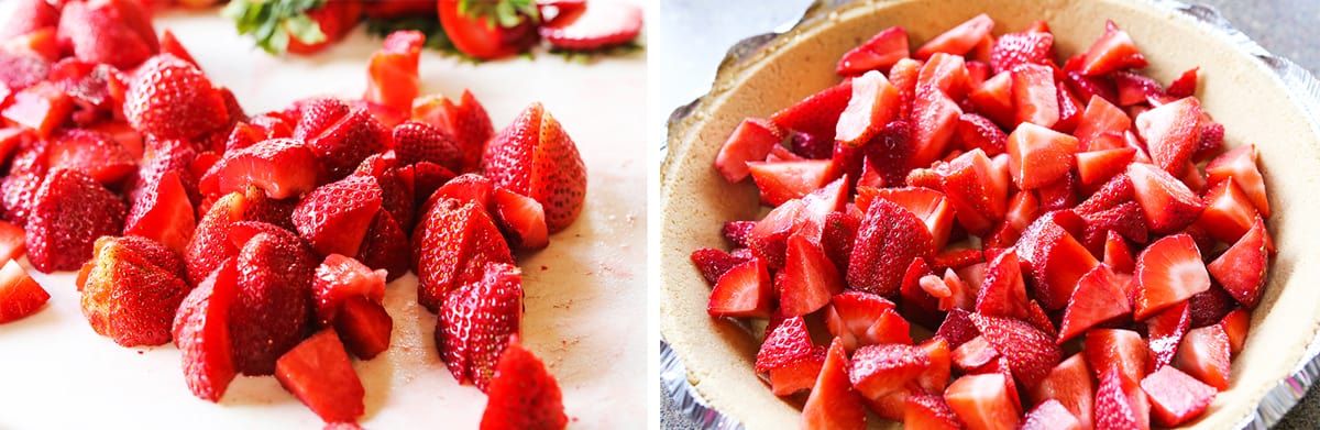 Two photos: Strawberries on a cutting board next to strawberries inside a crust.