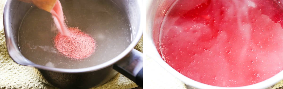 Two photos: strawberry gelatin being poured into a saucepan and the strawberry mixture after cooking.
