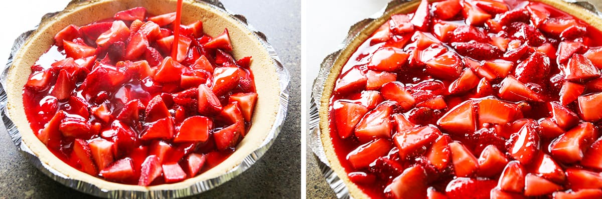 Two photos: gelatin being poured over strawberries and the pie plate after all ingredients have been added.