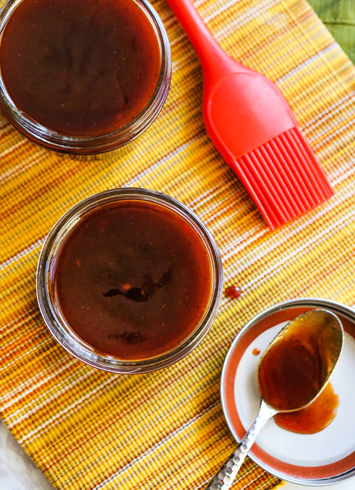 top view of mason jars filled with bbq sauce