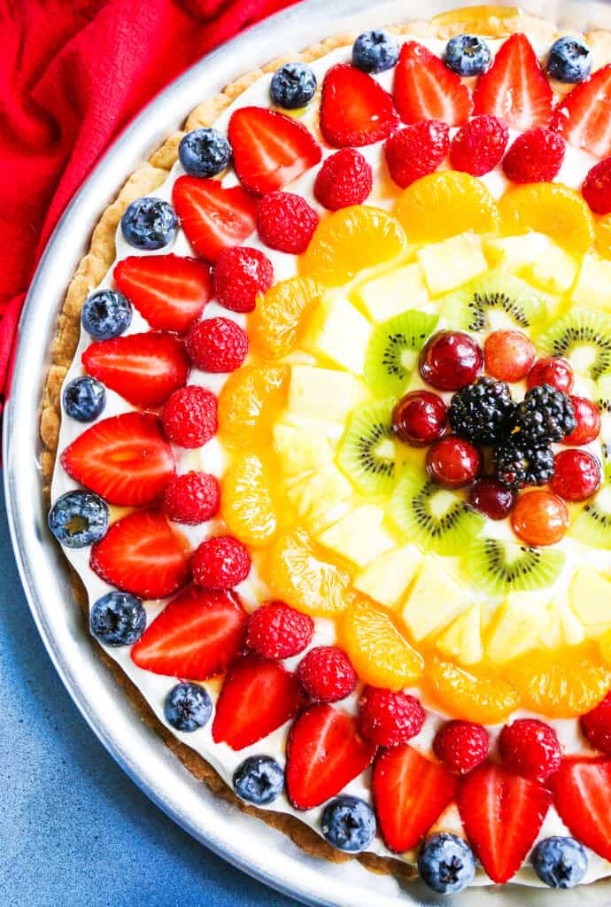 Colorful fruit pizza from the top view