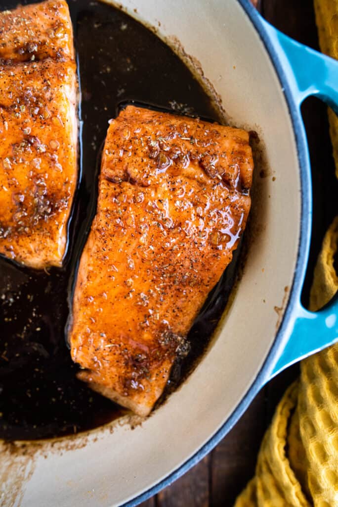 honey balsamic steelhead trout cooked in a pan 