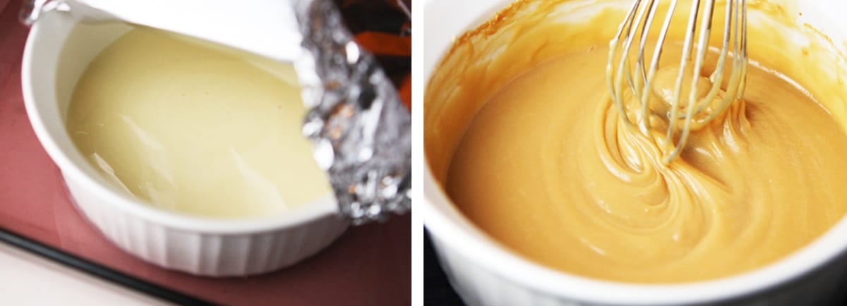 2 photos: left is a bowl with sweetened condensed milk inside, right is creamy dulce de leche being whisked