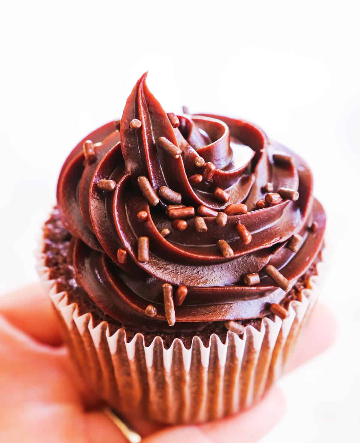 hand holding a perfect chocolate cupcake topped with ganache frosting and sprinkles