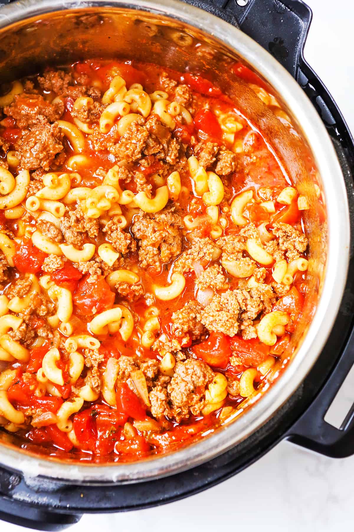 Top view of Instant Pot filled with cooked American Goulash.