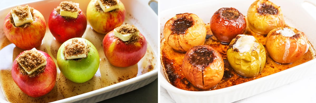 6 apples with pats of butter in a baking dish and brown sugar spooned over the tops of them.