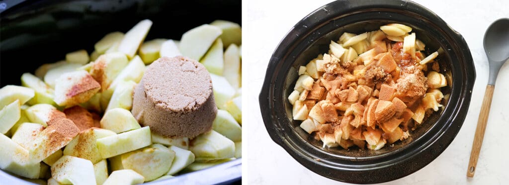 two photos: apple sauce ingredients in a crockpot unmixed, next to applesauce ingredients mixed.