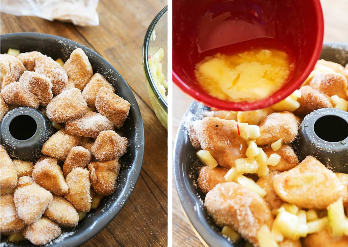 Monkey bread pieces in a pan next to butter being poured over the top.