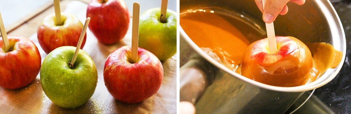Apples with popsicle sticks jabbed in, next to an apple being twirled in caramel.