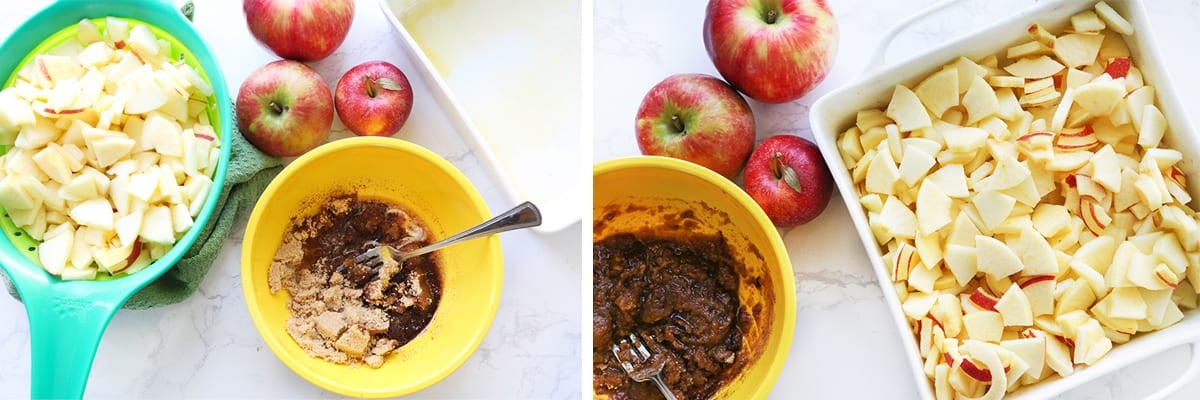 Chopped apples in baking dish next to brown sugar mixture.