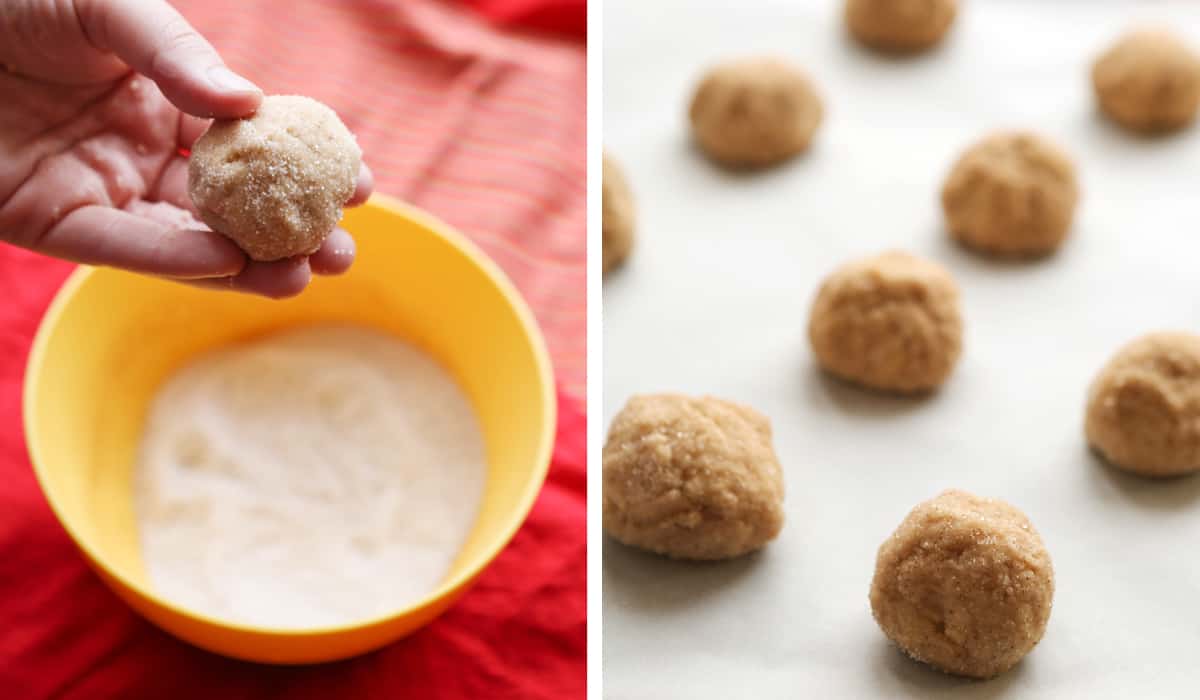 Left photo: hand holding dough ball rolled in sugar. Right photo: coated dough balls lined up on parchment.