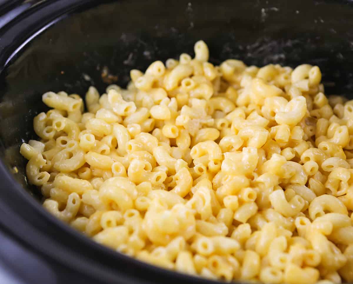 Perfectly cooked mac and cheese in a slow cooker.