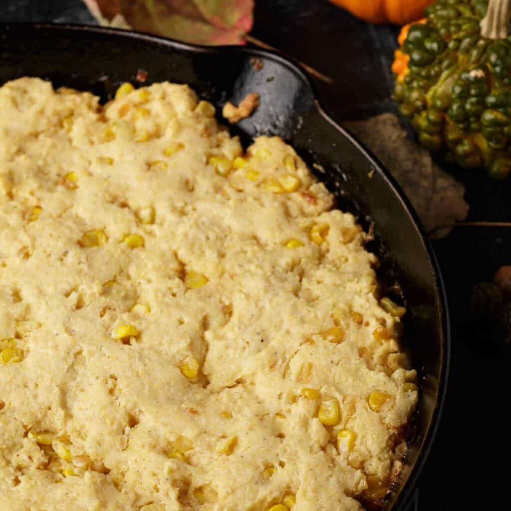 Skillet of brown butter corn bread.
