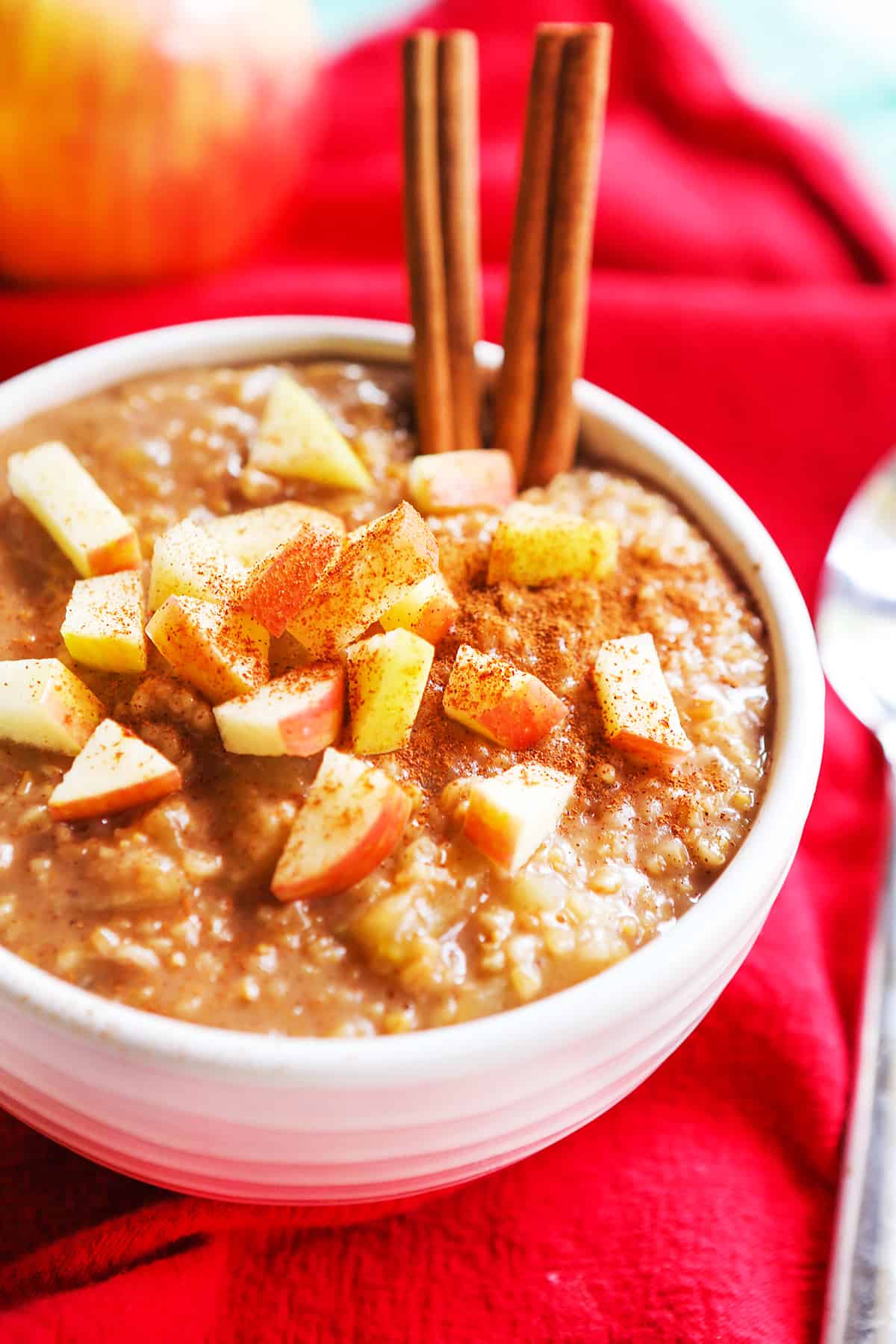 Bowl of apple cinnamon oatmeal with 2 cinnamon sticks inserted into the bowl.