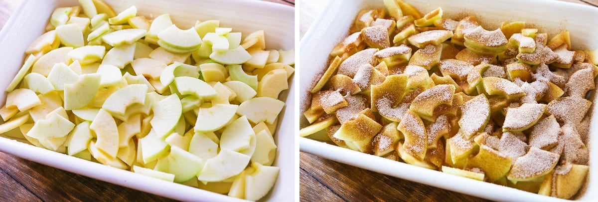 Sliced apples in a baking dish next to the same dish with cinnamon mixture sprinkled over the top.