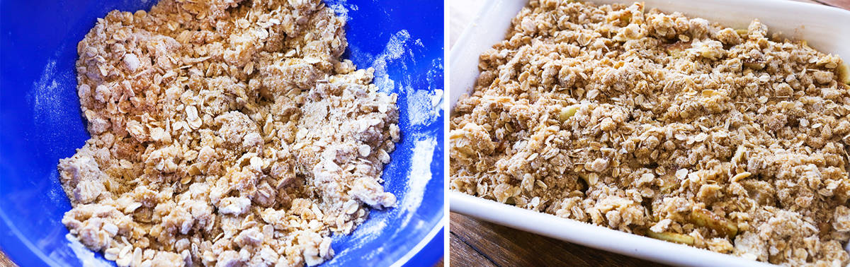 Crumble topping in a bowl next to a baking dish with it spread evenly over the top.
