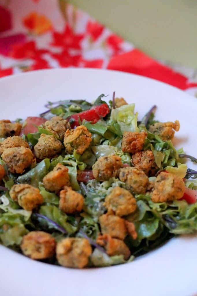 Fried okra salad in a bowl. 