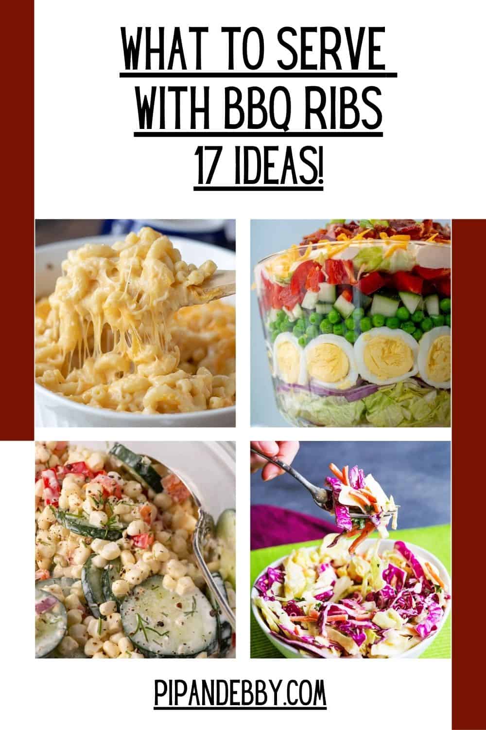 Pinterest graphic with 4 food photos: side dish suggestions to serve with bbq ribs