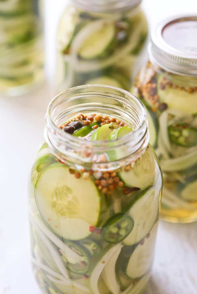 Ball jar of sweet pickles. 