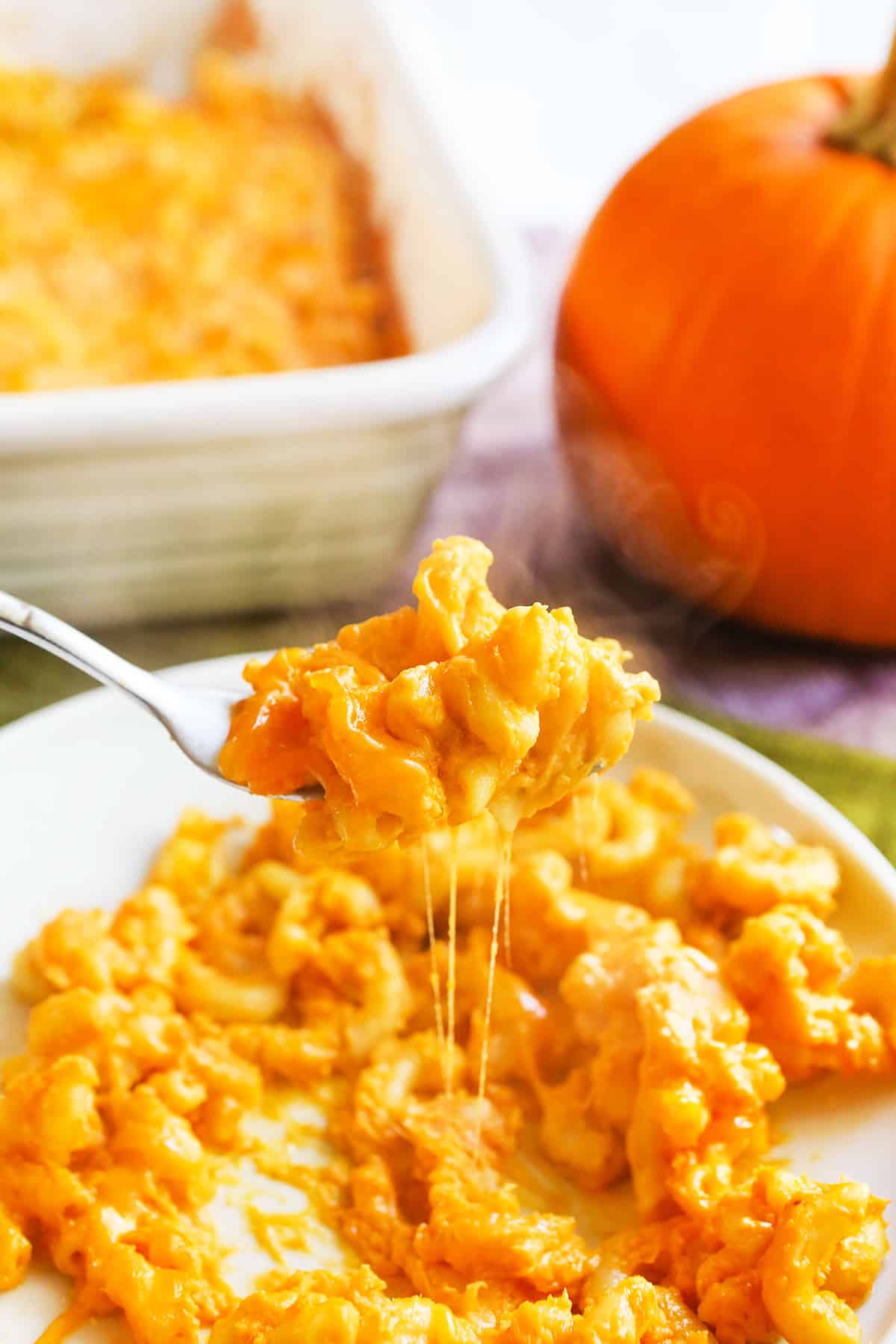 forkful of creamy pumpkin mac and cheese being lifted from a plate.