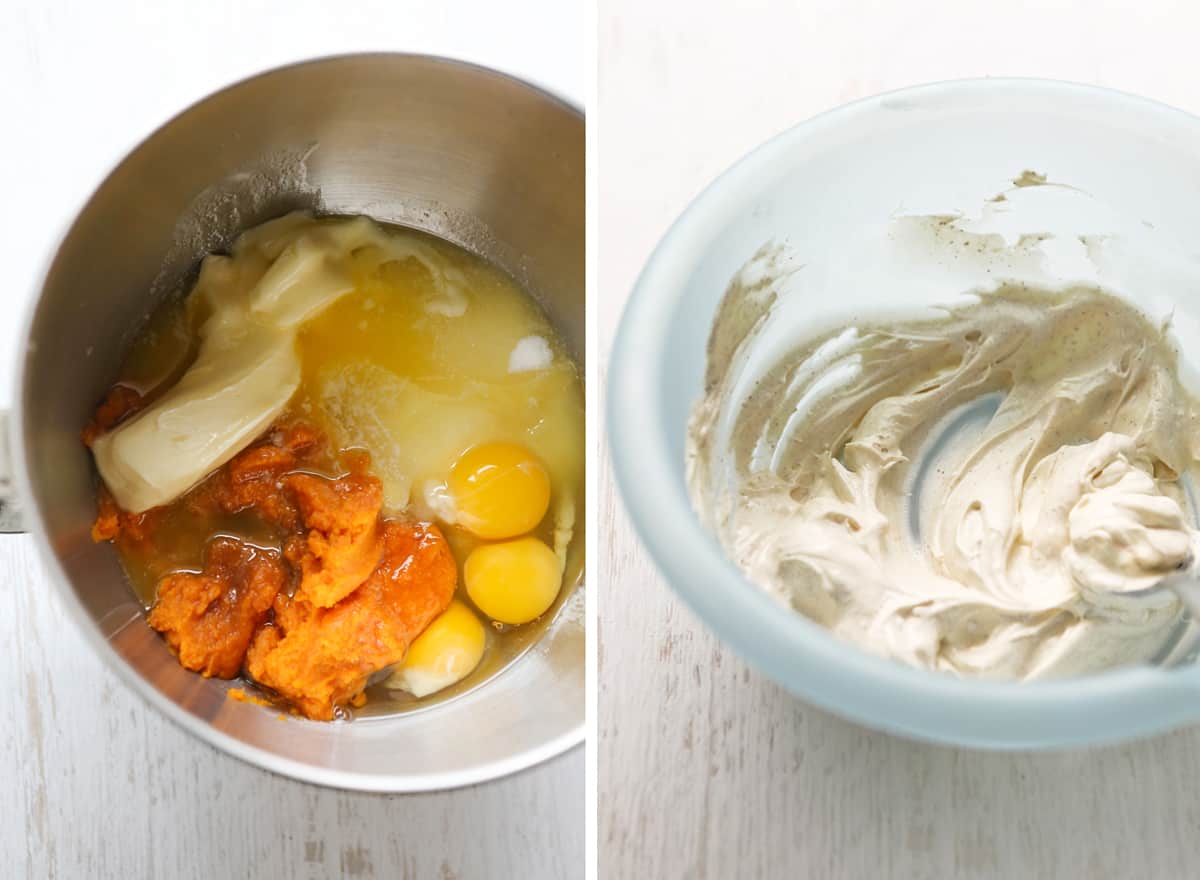 Wet ingredients in a mixing bowl, next to a photo of cream cheese in a bowl.