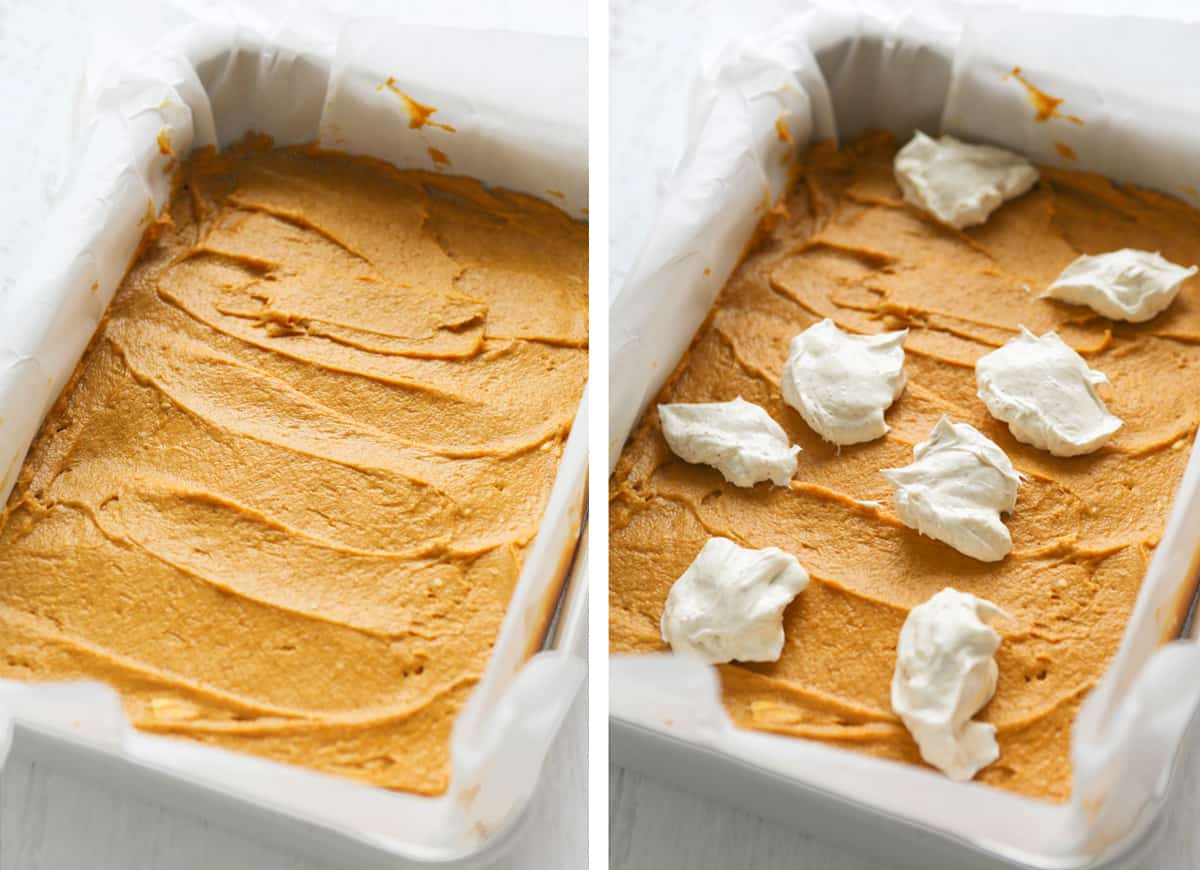 Pumpkin cake batter in a baking pan, with dollops of cream cheese on top.