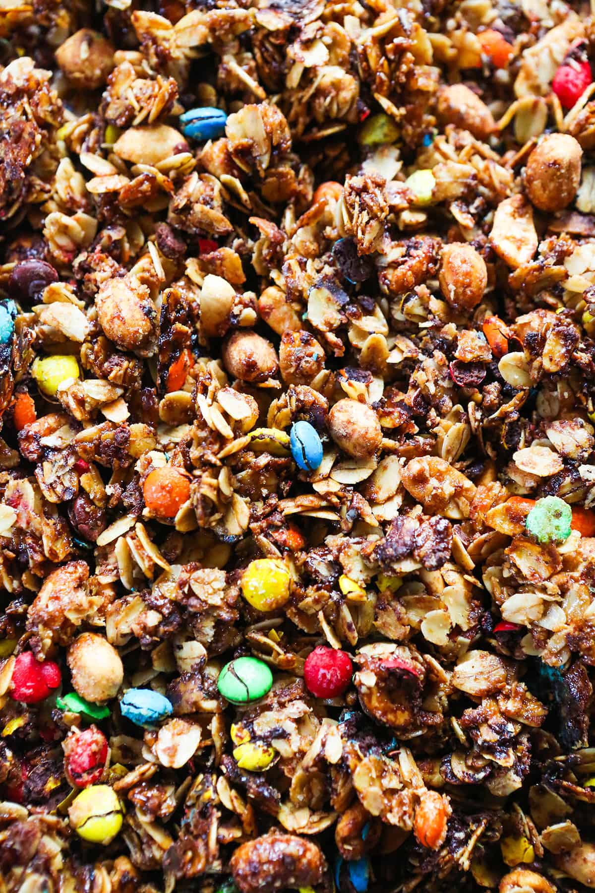 close up top view of granola with candy.