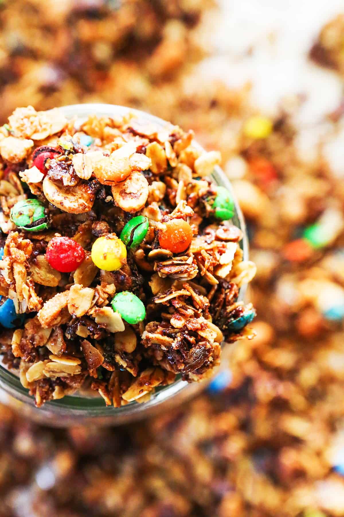 Top view of a mason jar filled with candy bar granola.