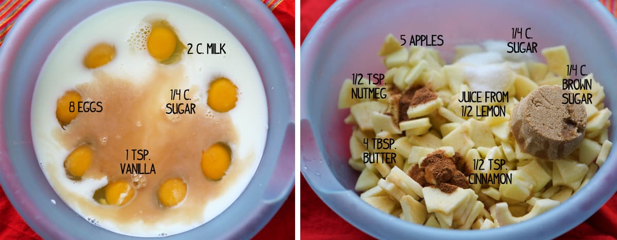 French toast ingredients in a bowl, next to apple filling ingredients in a separate bowl.