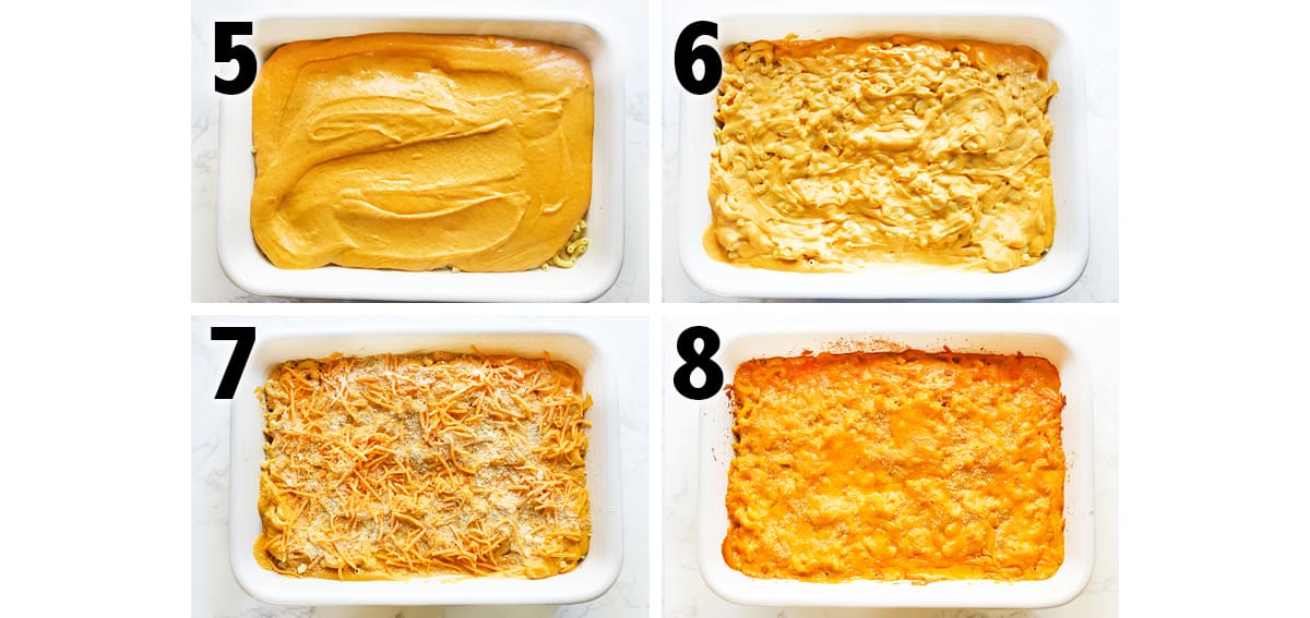 compilation image of different pans with pasta and cheese.