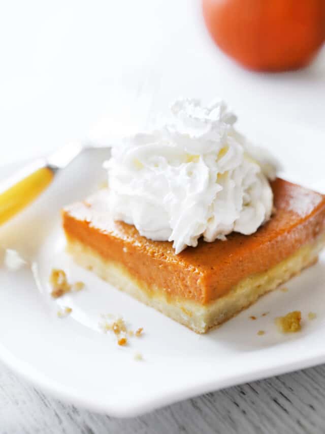 Pumpkin pie bar on a small plate with a dollop of whipped cream over it. 
