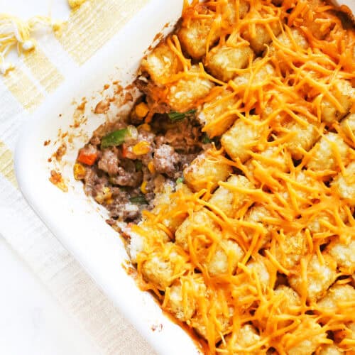 Cheesy Tater Tot Casserole with melted cheese and flavorful ingredients.
