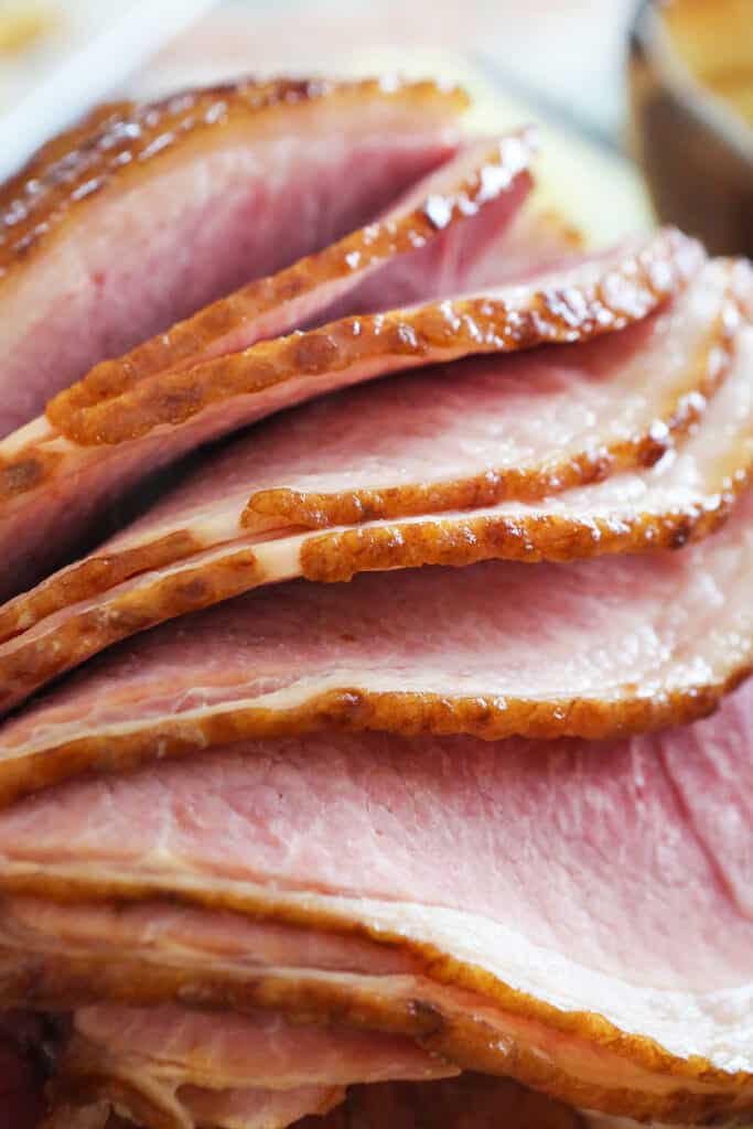 Close up of sliced ham. 