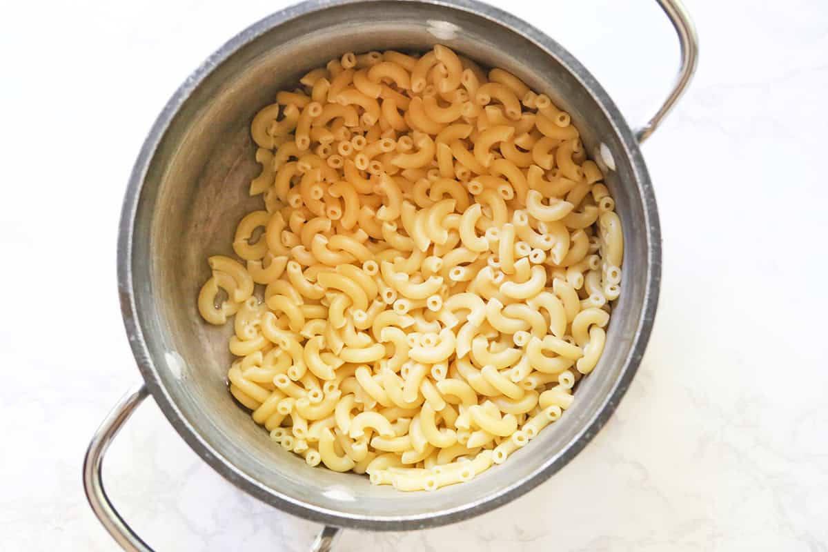 Collander filled with cooked elbow macaroni.