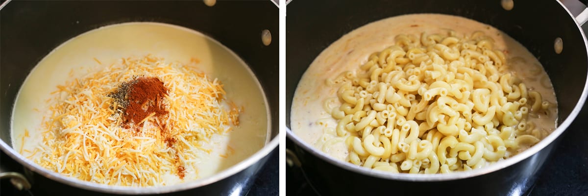 Saucepan with milk, cheese, spices and cooked macaroni.