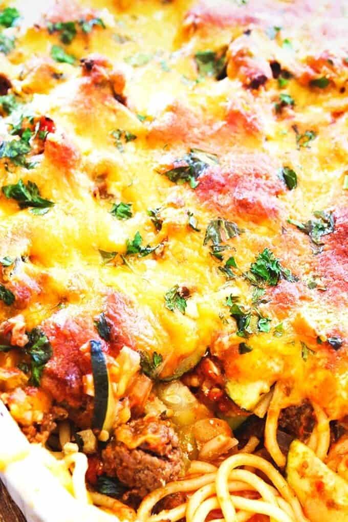 A close up shot of easy baked spaghetti.