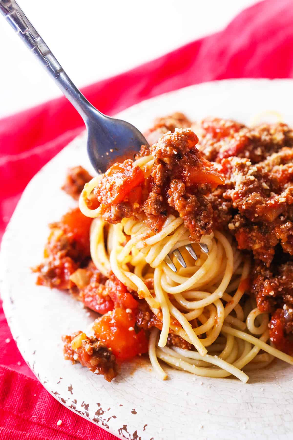 Fork twirling spaghetti noodles covered with a thick pasta sauce.