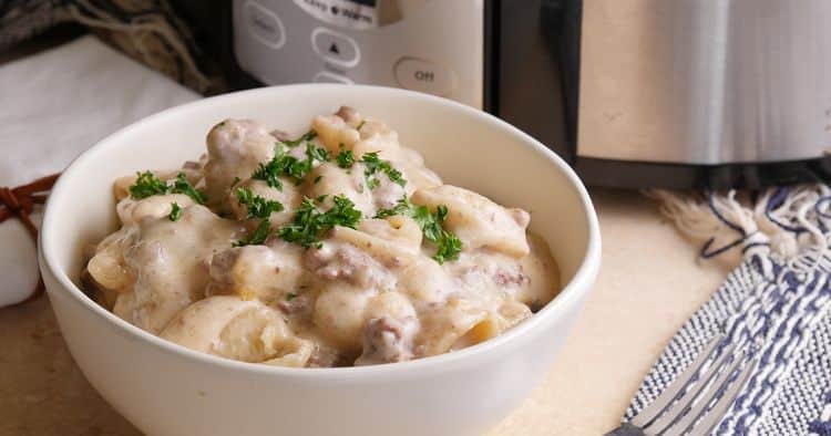 Bowl of creamy ground beef and shells in front of a slow cooker.