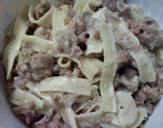 Ground beef and noodle mixture. 